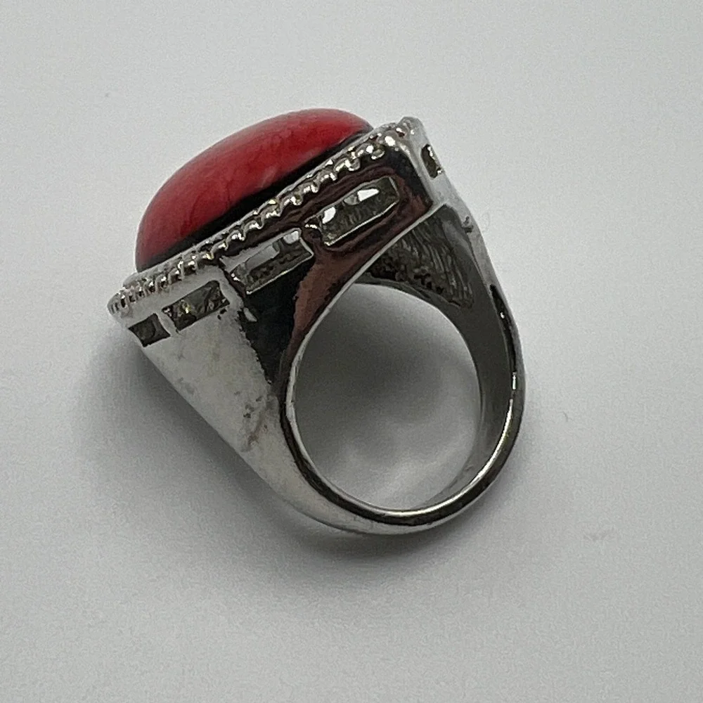 Large Womens Fashion Ring Statement Teardrop Silver Tone Orange Pink Glass Stone